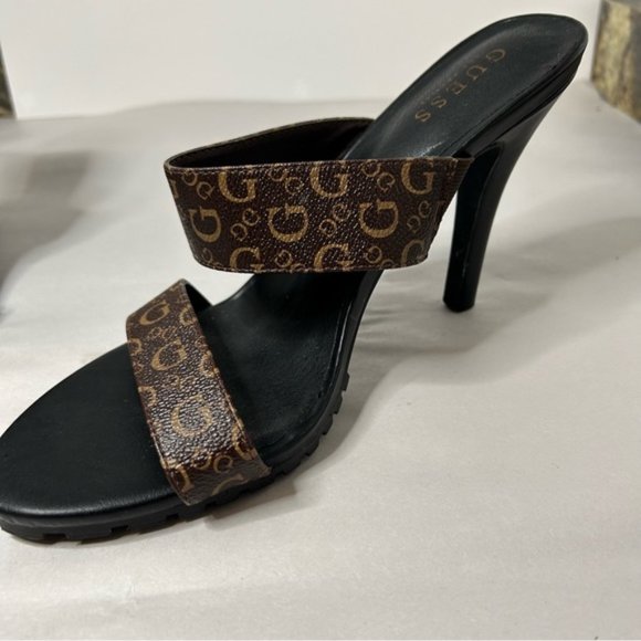 Guess Womens Strappy Slip On Heels Size 10 Black Sole Brown Upper Guess Logo - Picture 4 of 8